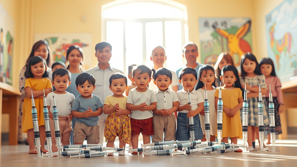 홍역 예방접종 대상 및 시기 (realistic 스타일)