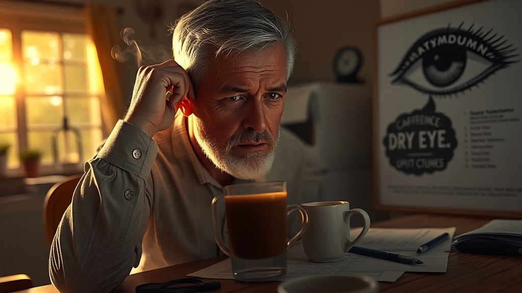 눈떨림 유발 요인: 카페인, 건조증, 질환 (realistic 스타일)