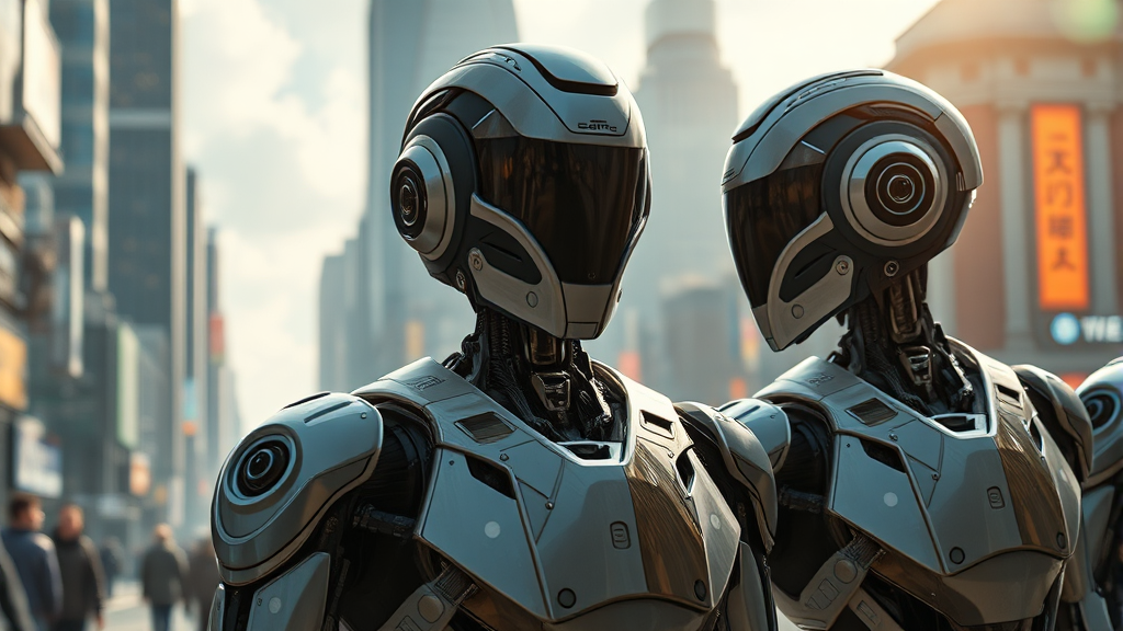 미래 사회의 변화: 피지컬 AI와 휴머노이드 로봇의 역할 (realistic 스타일)