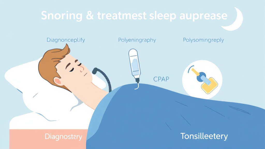 수면다원검사부터 양압기까지: 코골이·수면무호흡증 진단 및 치료 과정 (illustration 스타일)